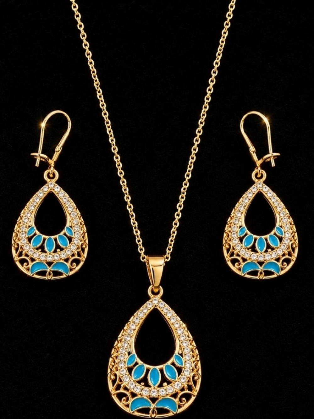 Gold-Tone Teardrop Necklace & Earrings Set with Turquoise Accents